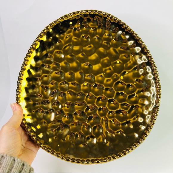 Gold Porcelain Decorative Plate Egg Shape Bubble Trim Edge Centerpiece Home PRC - Picture 2 of 10